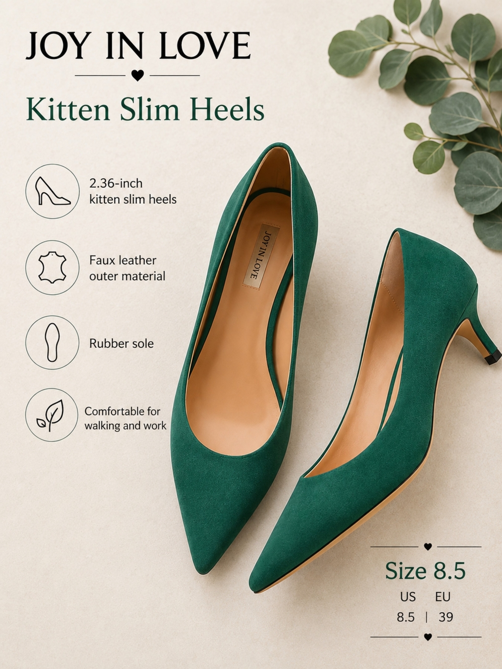 💚EUC JOY IN LOVE Green Faux Suede Pointed-Toe Kitten Heels, 8.5